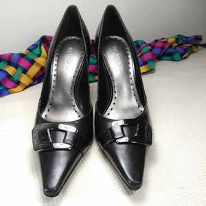 BCBGirls Black Pointy Toe Heels Silver Buckle 7B